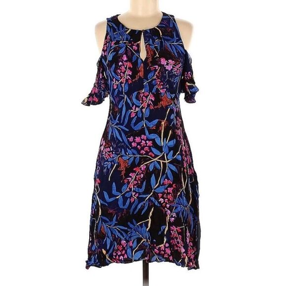 Cold Shoulder Midi Dress Floral Print Keyhole Navy Blue Pink Sleeveless - Picture 1 of 7